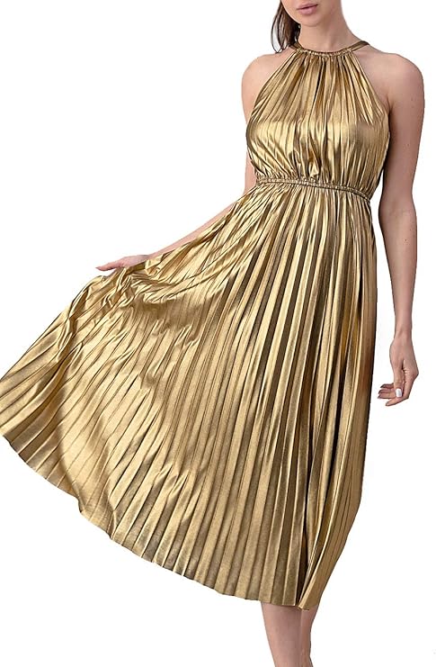 minuet 金属百褶礼服裙 中长款女士适合客人晚会礼服婚礼